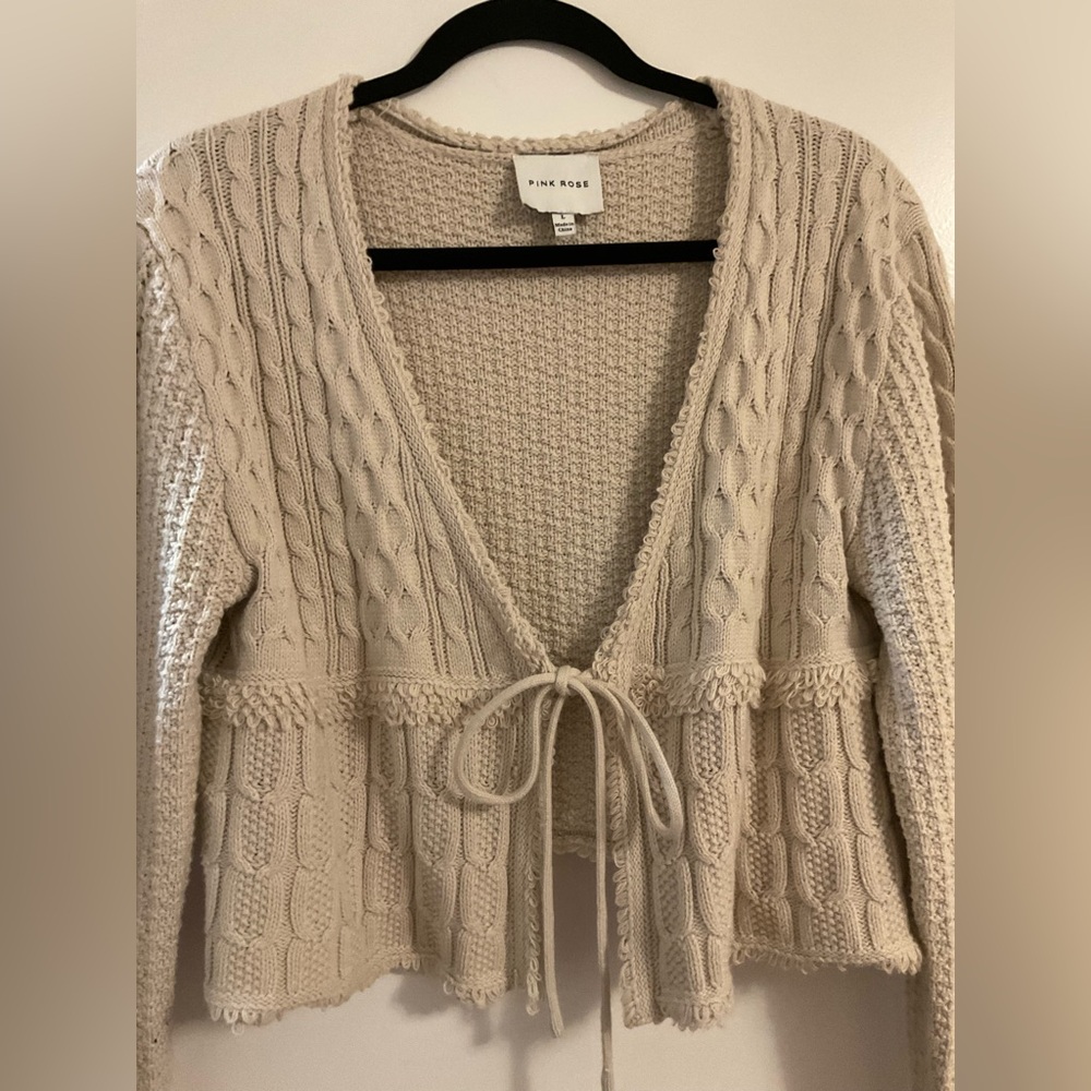 Pink Rose Cream Cable Knit Cardigan - Picture 2 of 6